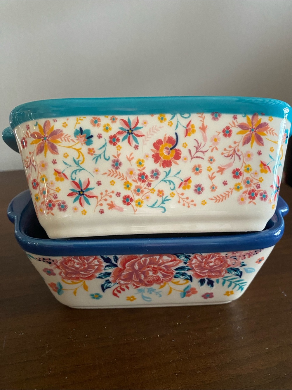 Pioneer Woman Floral Ceramic Baking Dish Set with Turquoise and Navy Rims